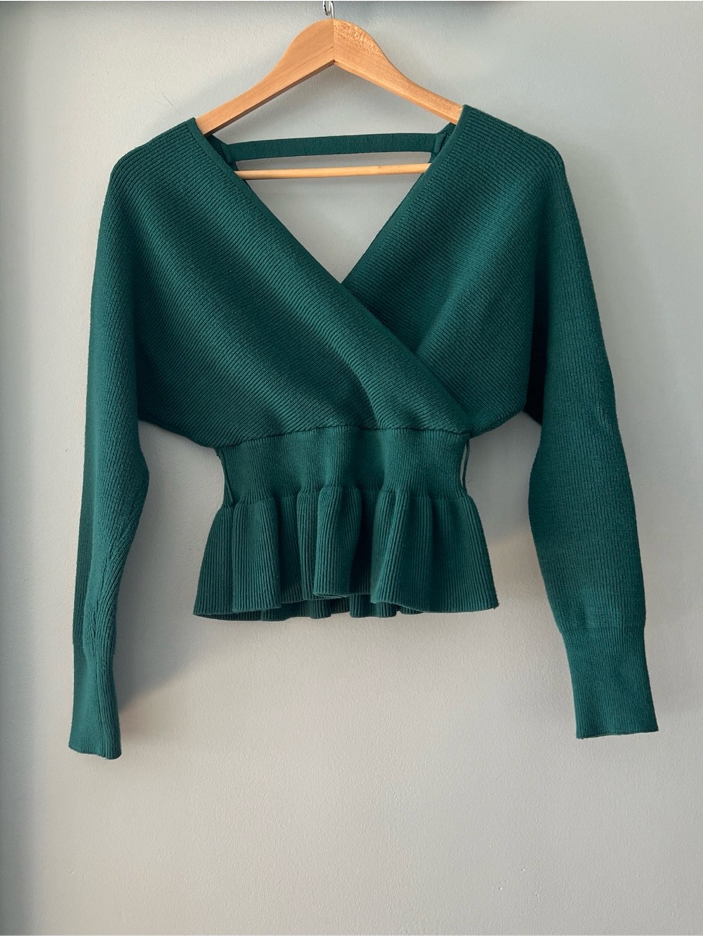 Women’s Emerald Green Wrap Peplum Sweater Top